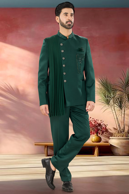 Polyester Dark Green Sherwani with Stone Work