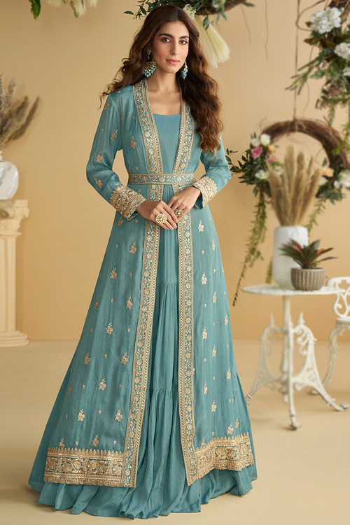 Powder Blue Art Silk Embroidered Jacket Style Anarkali Suit 