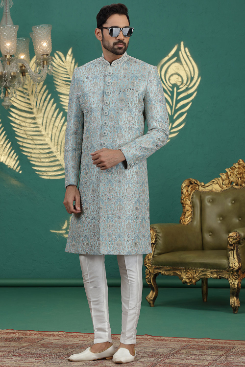 Powder Blue Art Silk Embroidered Men's Sherwani For Wedding