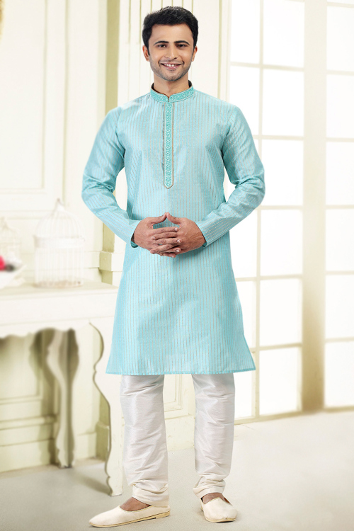Powder Blue Art Silk Men's Kurta Churidar With Weaved Work