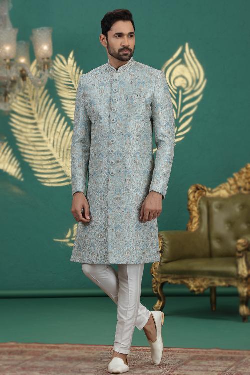 Powder Blue Art Silk Men's Sherwani With Beads Work For Weddings