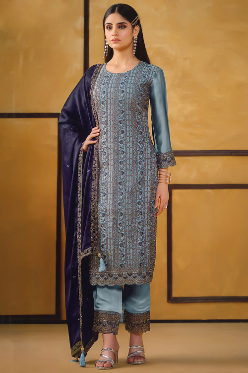 Powder Blue Art Silk Straight Cut Trouser Suit With Dori Work