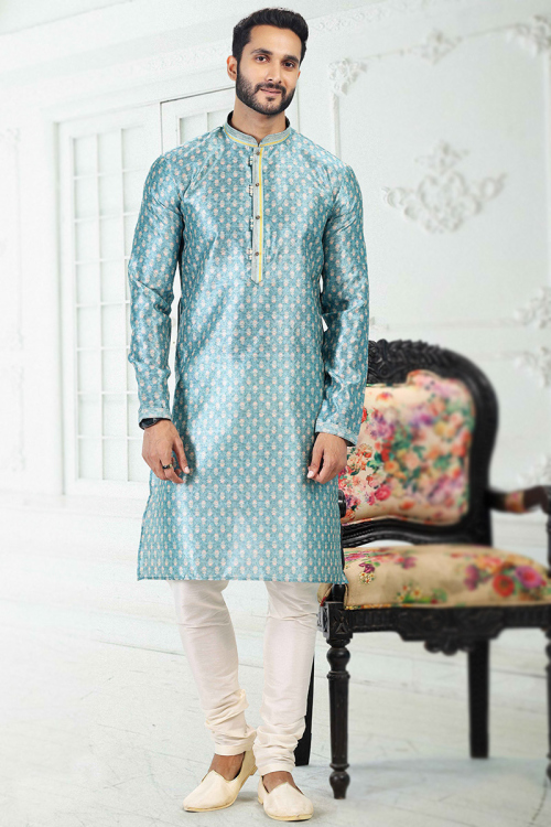 Powder Blue Banarasi Silk Printed Men's Kurta Churidar