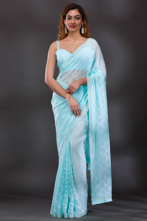 Powder Blue Chiffon Embroidered Light Weight Saree