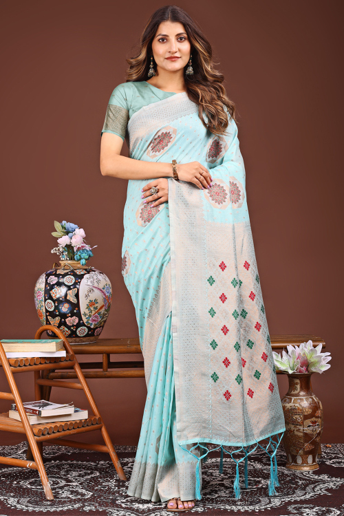Powder Blue Cotton Broad Border Weaved Saree For Festive
