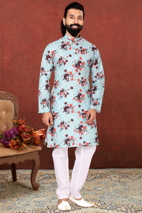Powder Blue Cotton Printed Men Kurta Pajama