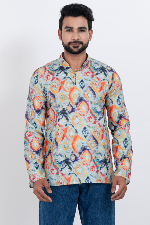 Powder Blue Cotton Printed Men's Kurta for Casual Wear