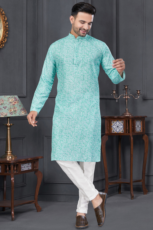 Powder Blue Cotton Printed Straight Cut Men's Kurta Pajama