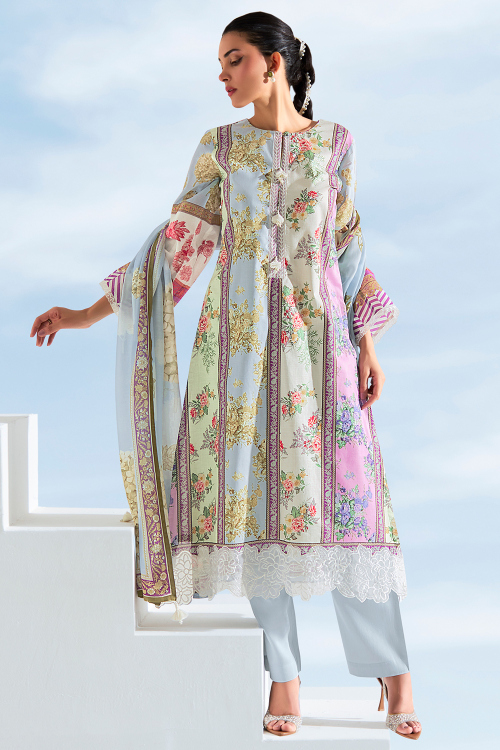 Powder Blue Cotton Printed Straight Cut Trouser Suit