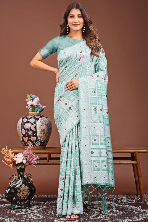 Powder Blue Cotton Saree With Weaved Thread Work For Casual Wear