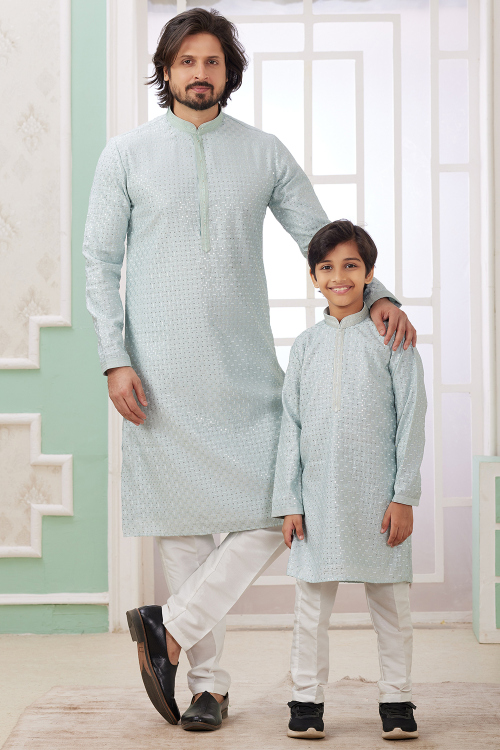 Powder Blue Cotton Silk Embroidered Father And Son Kurta Pajama