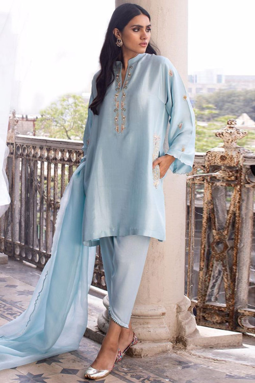 Powder Blue Cotton Silk Embroidered Trouser Suit
