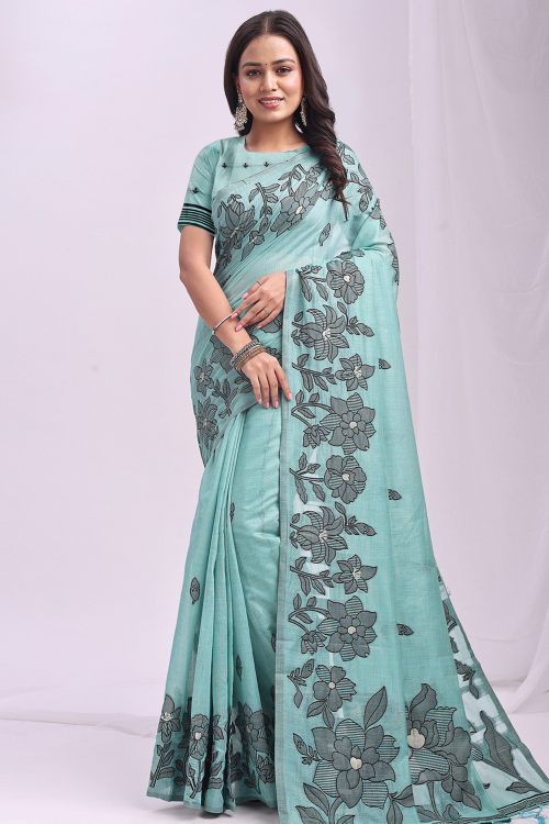Powder Blue Cotton Weaved Saree For Casual Wear