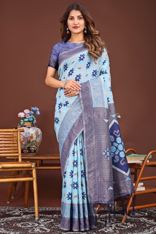 Powder Blue Cotton Weaved Saree For Festival