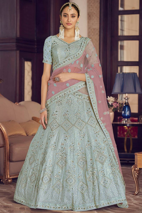 Sky Blue And Pink Embroidered Lehenga For Weddings | chapalapmc.com