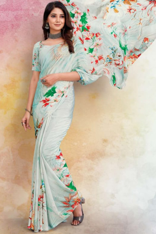 Powder Blue Woven Crepe Saree for Party 