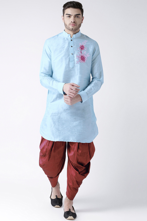 Powder Blue Dupion Silk Embroidered Dhoti Kurta