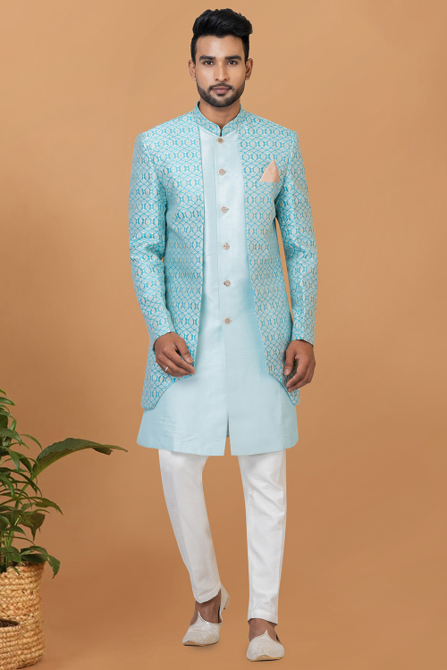 Powder Blue Dupion Silk Weaved Jacket Style Men's Sherwani