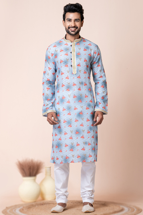 Powder Blue Embroidered Cotton Men's Straight Cut Kurta Churidar