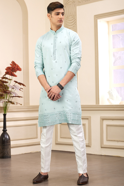 Powder Blue Embroidered Silk Blend Men's Kurta Pajama 