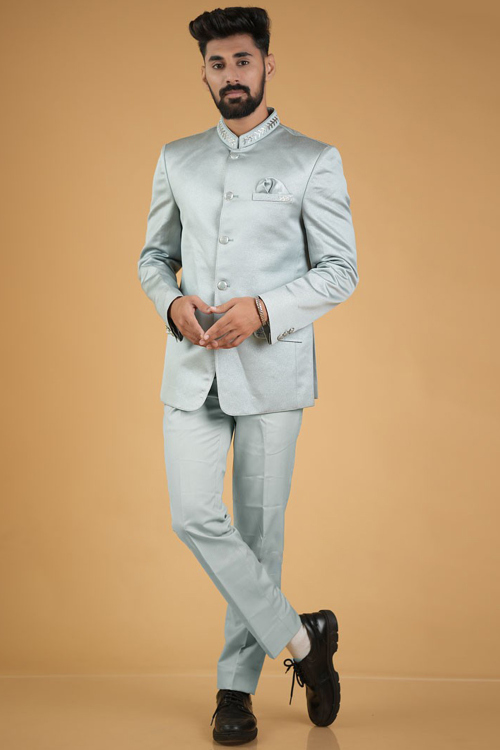 Powder Blue Embroidered Silk Jodhpuri Style Men's Coat Pant