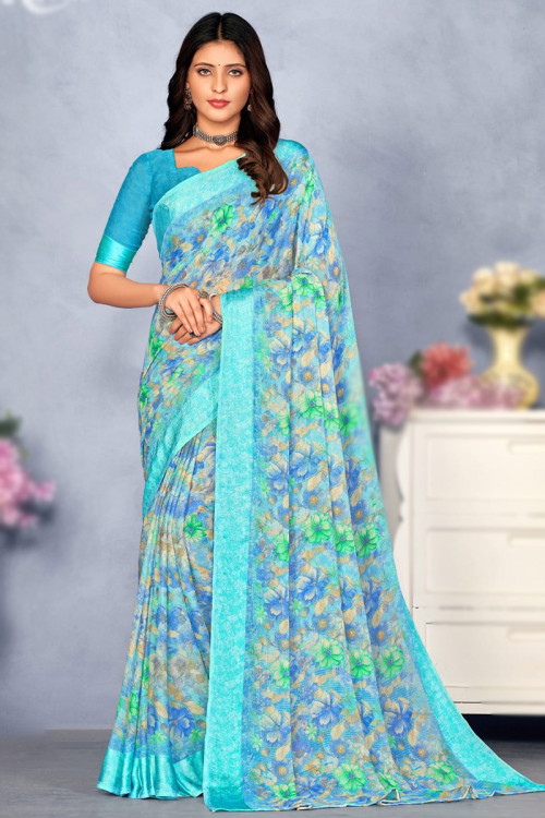 Powder Blue Floral Print Casual Wear Chiffon Saree 