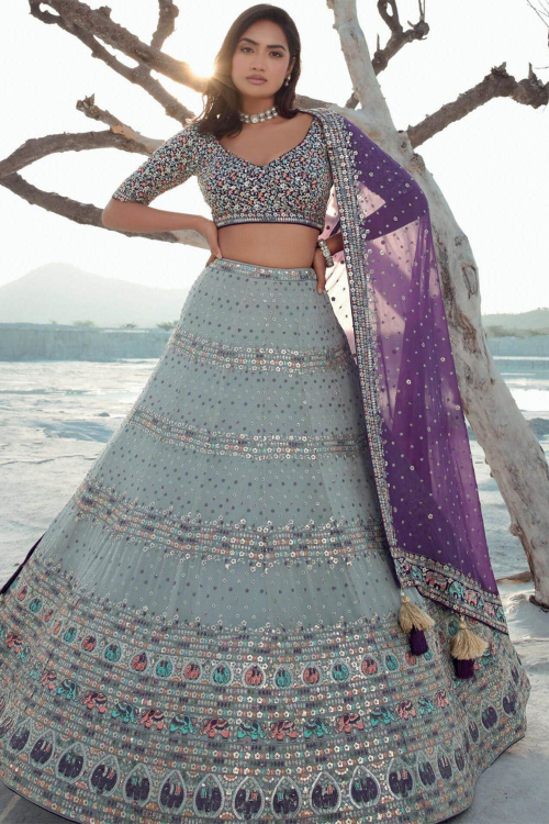 Powder Blue Georgette A Line Lehenga With Sequins Work 