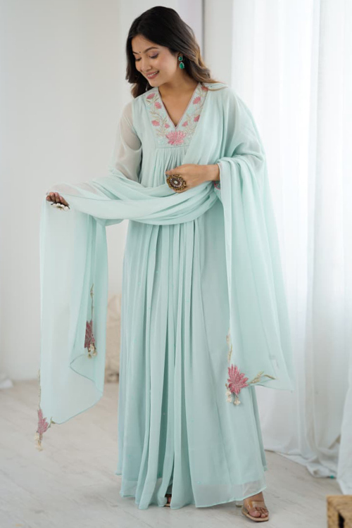 Powder Blue Georgette Embroidered Anarkali Suit 