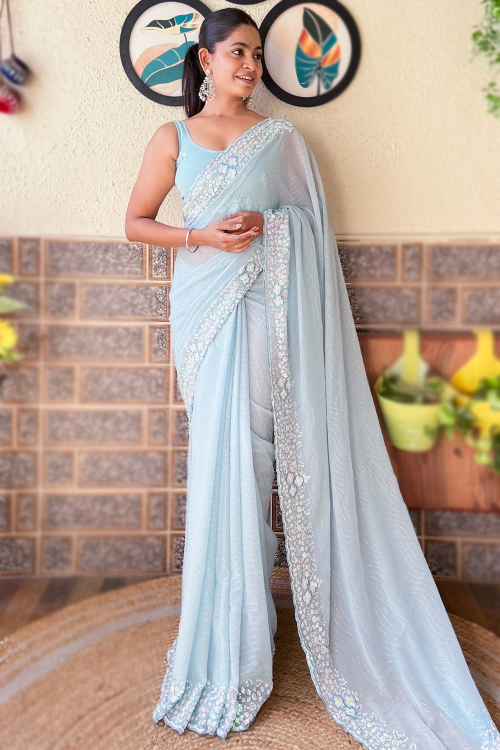 Powder Blue Georgette Embroidered Light Weight Saree 