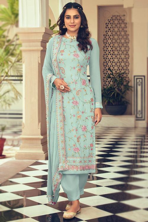Powder Blue Georgette Embroidered Palazzo Suit