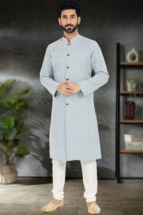 Powder Blue Georgette Resham Thread Embroidered Men's Sherwani