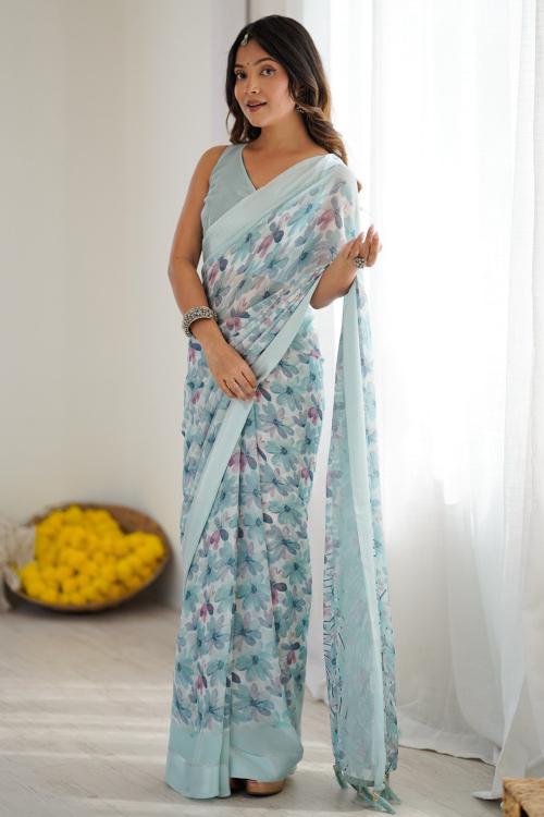 Powder Blue Georgette Saree With Printed Work For Festival