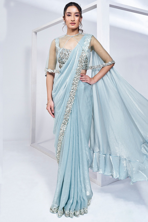 Powder Blue Metallic Organza Embroidered Ready Made Pre-Stitched Saree