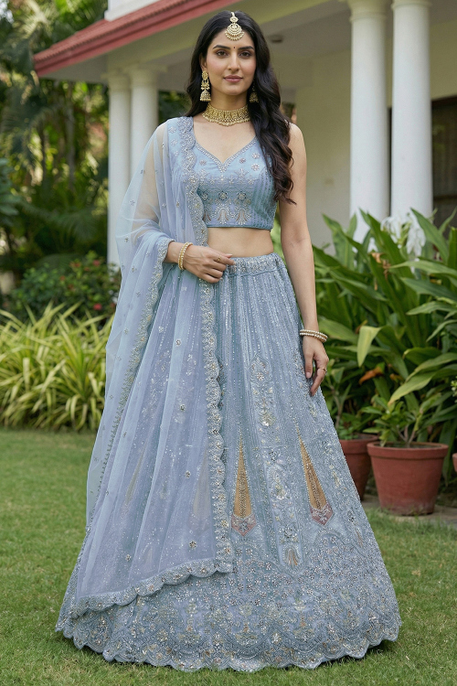 Powder Blue Net Lehenga With Dori Work for Wedding