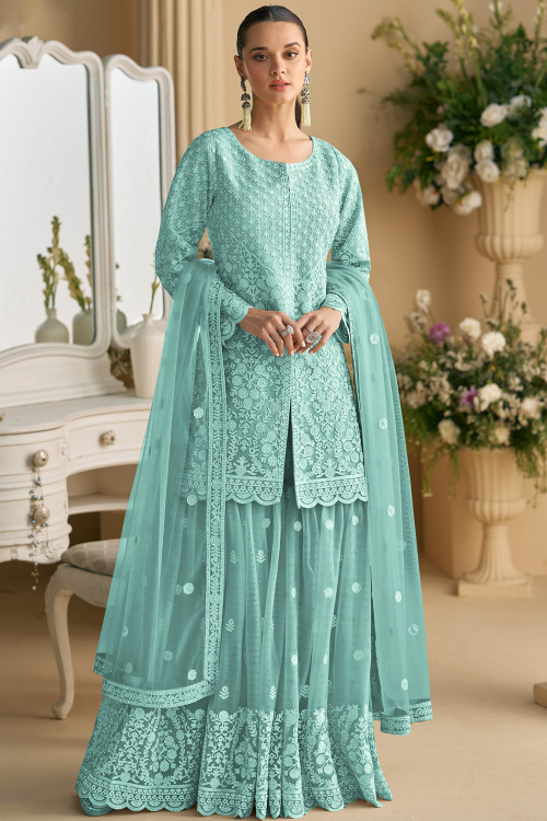 Powder Blue Net Resham Thread Straight Cut Sharara Suit