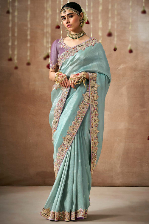Powder Blue Organza Embroidered Saree For Sangeet 