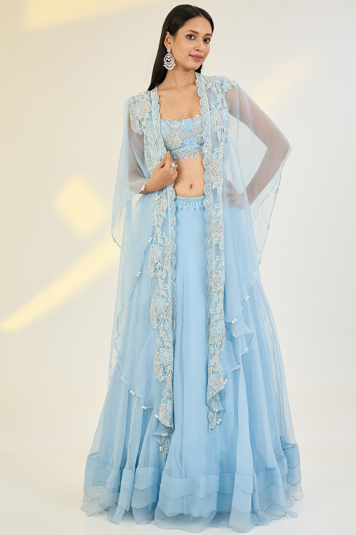 Powder Blue Organza Lehenga with Zari Work for Weddings