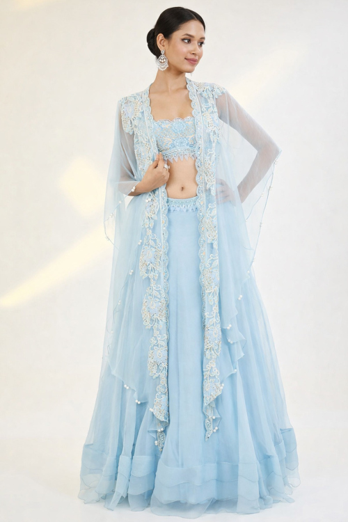 Powder Blue Organza Lehenga with Zari Work for Weddings