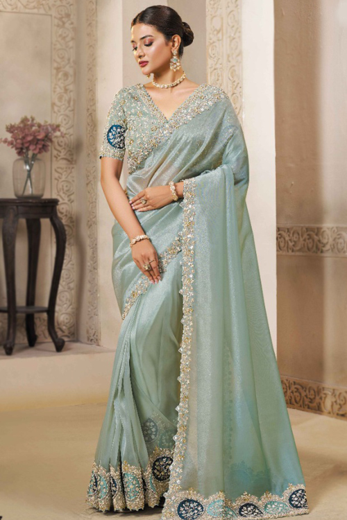 Powder Blue Organza Saree With Pearl Work For Festival