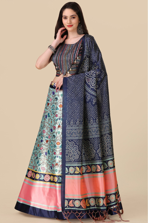 Powder Blue Printed A Line Silk Lehenga 