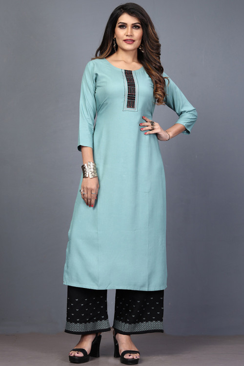 Powder Blue Rayon Embroidered Palazzo Suit