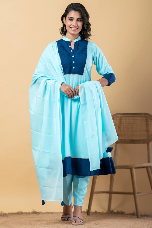 Powder Blue Rayon Gota Patti A Line Trouser Suit 
