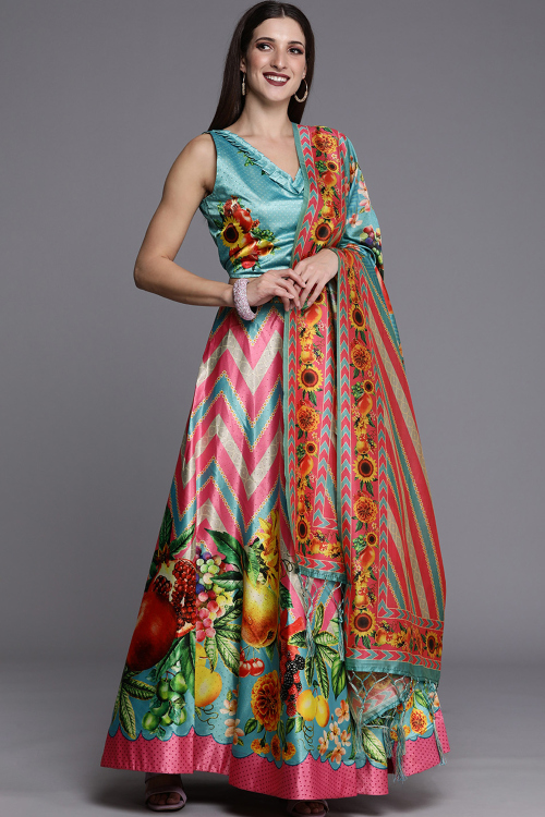 Powder Blue Satin Printed A Line Lehenga 