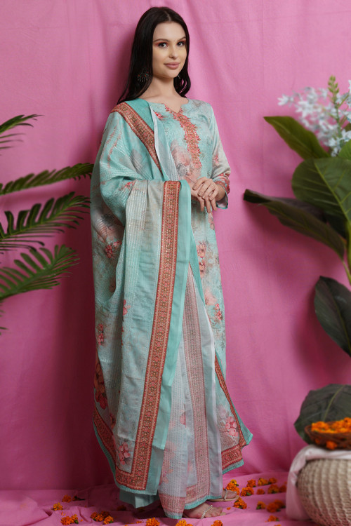 Powder Blue Satin Printed Casual Wear Palazzo Suit 