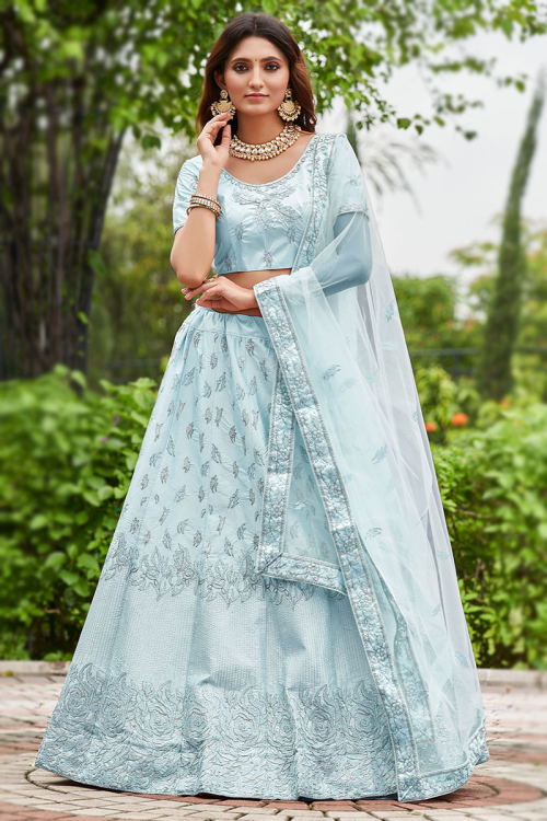Powder Blue Satin Silk Embroidered Panelled Style Lehenga