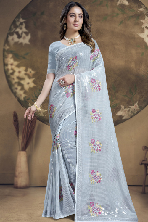 Powder Blue Sequins Embroidered Georgette Light Weight Saree 