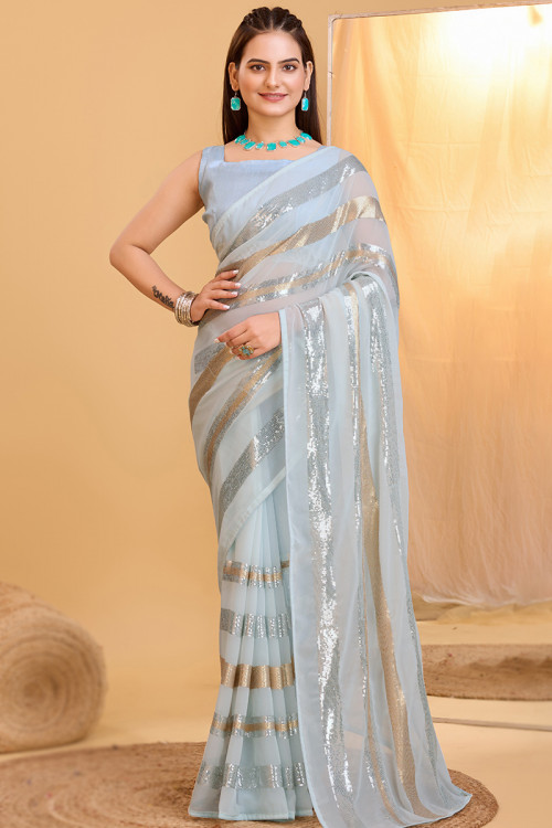 Powder Blue Sequins Embroidered Georgette Party Wear Saree 