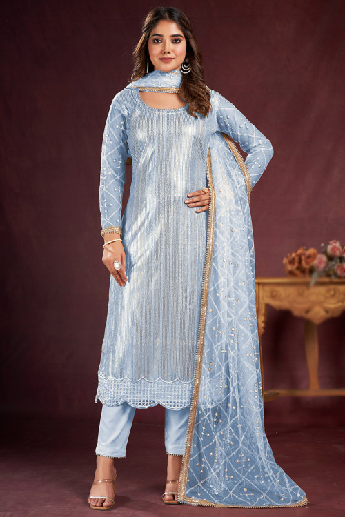 Powder Blue Sequins Embroidered Straight Cut Net Trouser Suit 