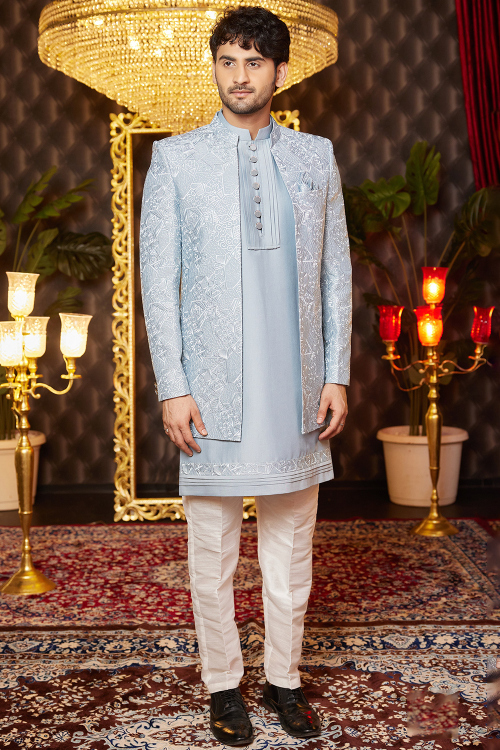Powder Blue Silk Blend Embroidered Jacket Style Men's Kurta Pajama