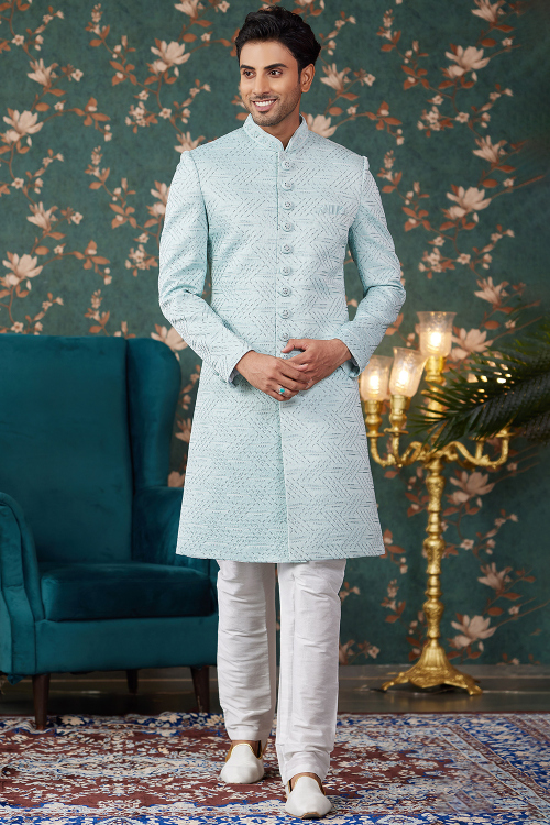 Powder Blue Silk Blend Embroidered Jacket Style Men's Sherwani